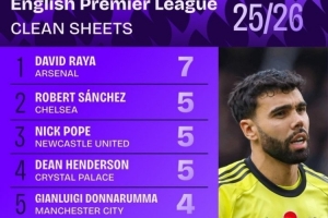 拉亞7場零封是本賽季英超門將最多，杜布拉夫卡46次撲救最多