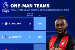 依賴！哈蘭德參與全隊65%進球英超居首，塞梅尼奧53%次席